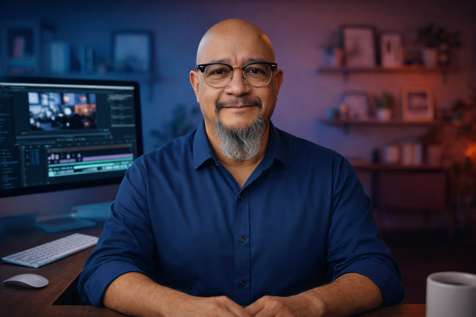Abel Landin at his desk, smiling, wearing glasses and a blue shirt, with a video timeline on the monitor behind him